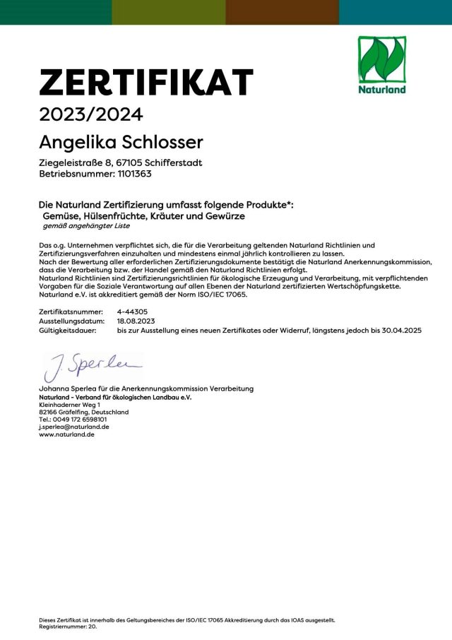 Naturkost-Zertifikat für Angelika Schlosser.