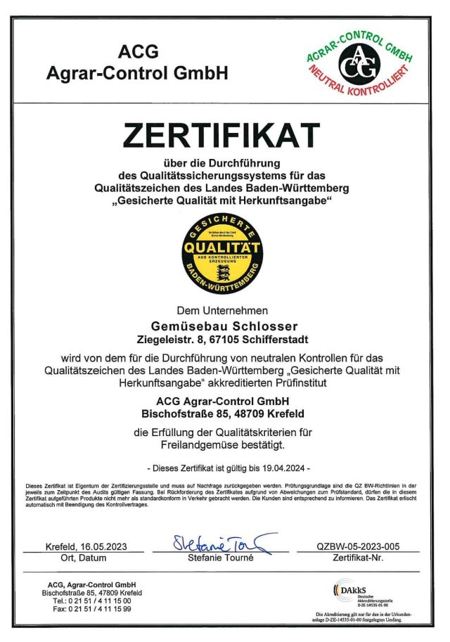Quality certificate for vegetable growing, Baden-Württemberg.